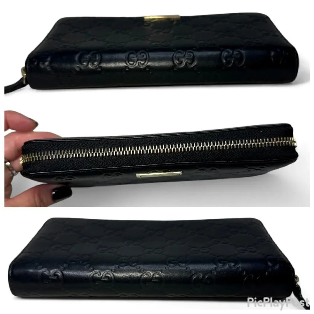 GUCCI Guccissima Leather Zip Around Long Wallet, Black GG Embossed - Picture 11 of 15